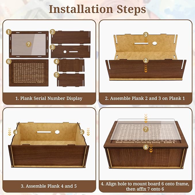 Wooden money box with marker stickers, money box with counter 5000€ Reusable cash box Wooden money box with savings goal to tick Savings box Money saving box Cash box €500-€10000 goal 