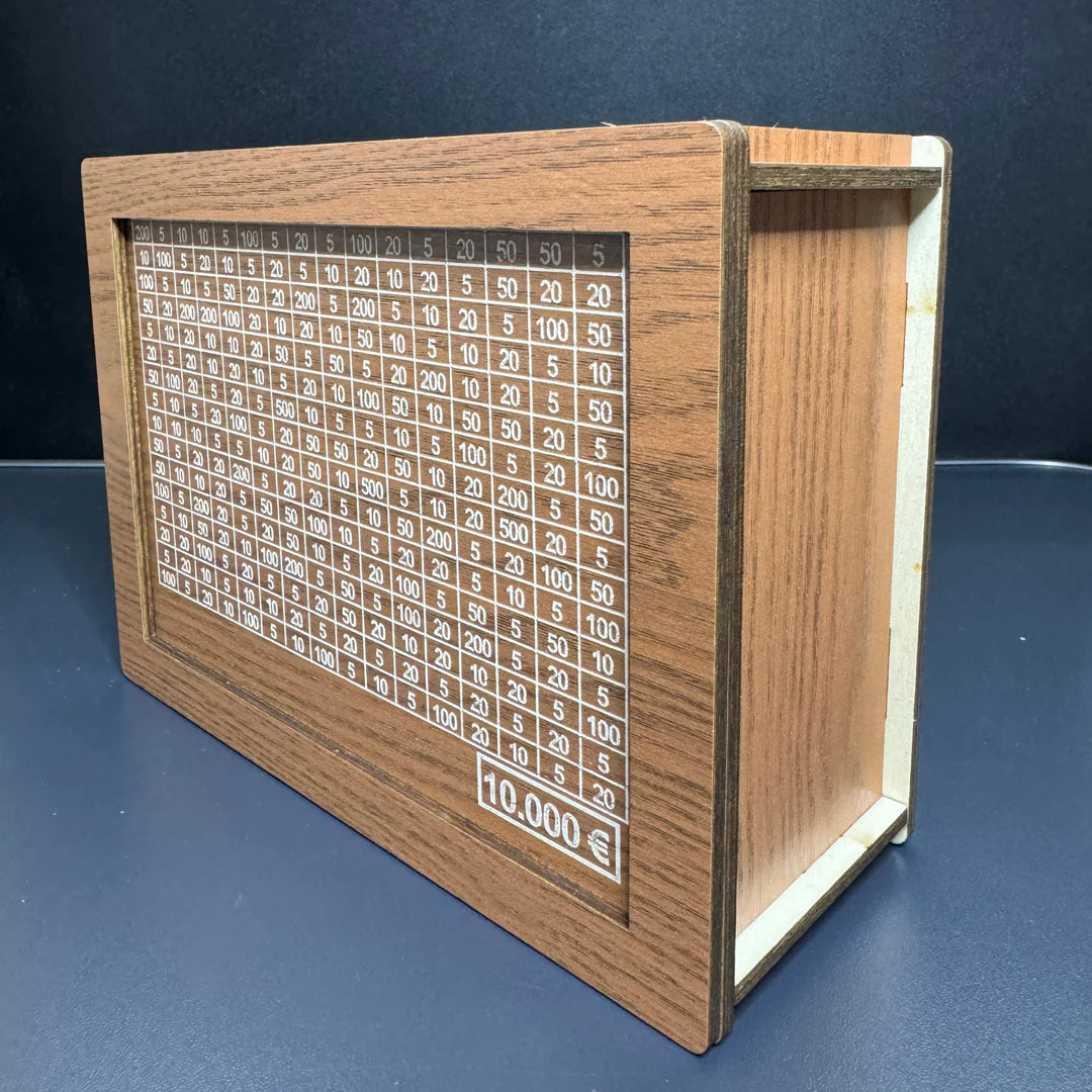Wooden money box with marker stickers, money box with counter 5000€ Reusable cash box Wooden money box with savings goal to tick Savings box Money saving box Cash box €500-€10000 goal 